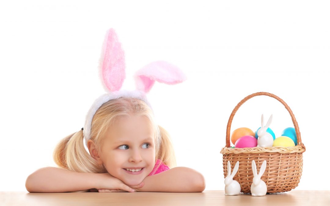 cute little girl with bunny ears basket full easter eggs white background scaled