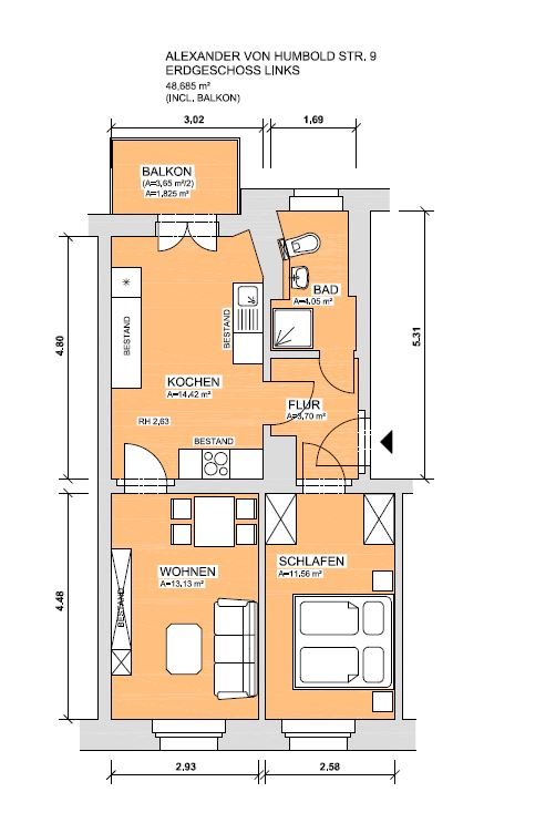 Grundriss - 2 Raum Wohnung mit Balkon zu vermieten