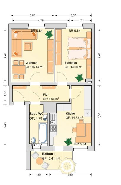 Grundriss - 2 Raum Wohnung mit Balkon zu vermieten