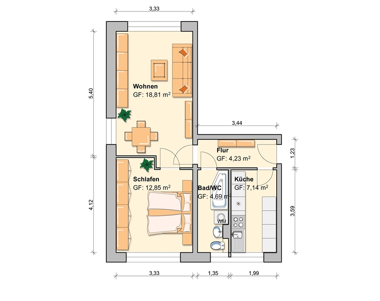 Grundriss - 2 Raum Wohnung in Werdau – Ost